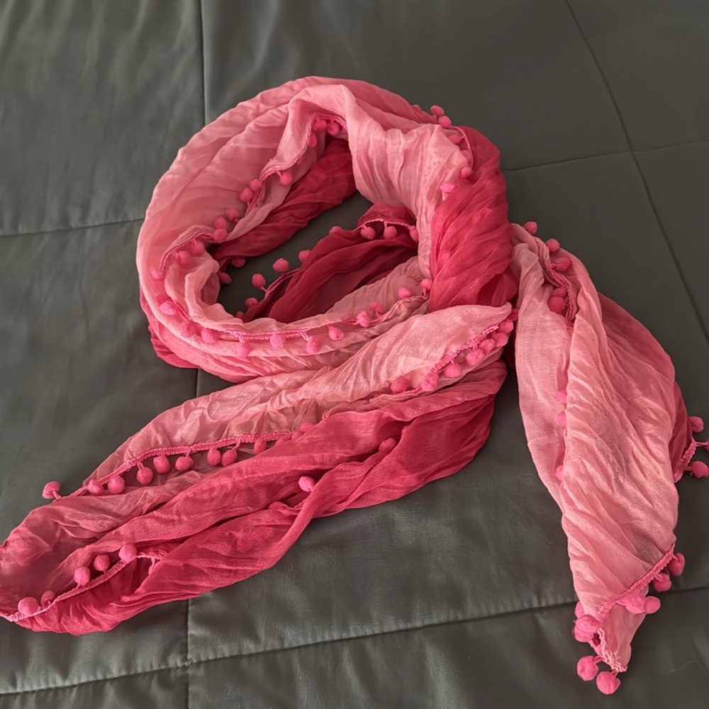 Pink Ombre Scarf with small pom poms fringe around all edges